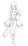  1girl armor armored_dress axe boots breasts character_request cleavage elbow_gloves gloves high_heel_boots high_heels kara_(color) leotard monochrome short_hair solo 