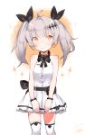  1girl ahoge blush bracelet commentary cowboy_shot crescent crescent_earrings dress earrings five-seven_(girls_frontline) girls_frontline grey_hair hair_ornament hair_ribbon hairclip highres jewelry long_hair looking_at_viewer orange_eyes petite ribbon single_earring sleeveless sleeveless_dress solo thigh-highs tosyeo twintails wavy_mouth white_background white_dress white_legwear white_pupils zettai_ryouiki 
