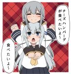  2girls black_skirt blue_eyes blue_skirt blush bokota_(bokobokota) closed_eyes closed_mouth dress eyebrows_visible_through_hair facial_scar gangut_(kantai_collection) grey_hair hair_between_eyes hand_up hibiki_(kantai_collection) highres jacket kantai_collection long_hair military military_jacket military_uniform miniskirt mother_and_daughter multiple_girls necktie no_hat no_headwear open_mouth sailor_collar sailor_dress scar scar_on_cheek school_uniform serafuku skirt smile translation_request uniform white_jacket 