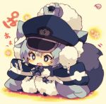  1girl :3 :d animal animal_ears animal_on_head bangs beige_background black_footwear blue_bow blue_capelet blue_dress blue_eyes blue_hair blue_hat blush bow capelet cat cat_ears cat_girl cat_on_head cat_tail chibi closed_mouth dress full_body fur-trimmed_capelet fur-trimmed_dress fur_trim hair_between_eyes hat long_hair low_twintails muuran on_head open_mouth original pantyhose peaked_cap plaid plaid_bow plaid_dress signature sitting smile solo star star-shaped_pupils symbol-shaped_pupils tail tail_raised translated twintails v-shaped_eyebrows very_long_hair 