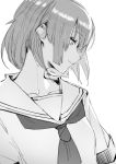  1girl closed_mouth commentary english_commentary j.k. looking_down neckerchief original profile sailor_collar school_uniform serafuku short_hair short_sleeves simple_background smile solo upper_body white_background 