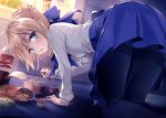  1girl ahoge all_fours artoria_pendragon_(all) bangs black_legwear blonde_hair blue_eyes blue_ribbon blue_skirt blush braid breasts chips chopsticks coke coke_bottle commentary_request eating eyebrows_visible_through_hair fate/stay_night fate_(series) fingernails food food_in_mouth french_braid from_behind hair_between_eyes hair_ribbon head_tilt high-waist_skirt holding holding_chopsticks indoors long_sleeves looking_at_viewer looking_to_the_side medium_skirt milk_carton night noodles on_floor ouka_(ra-raradan) pantyhose refrigerator ribbon saber shadow shiny shiny_hair shirt short_hair sidelocks skirt small_breasts solo thighband_pantyhose thighs tile_floor tile_wall tiles vegetable white_shirt 