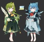  2girls :3 absurdres alternate_costume ascot bangs barefoot blue_eyes blue_hair blush bow bowtie character_name cirno collared_dress daiyousei dot_nose dress dress_lift eyebrows_visible_through_hair fairy_wings flower full_body green_dress green_eyes green_hair grey_background hair_between_eyes hair_bow hair_ribbon highres ice ice_wings leaf light_smile lily_(flower) long_sleeves multiple_girls orange_neckwear pointy_ears red_neckwear ribbon sash simple_background slit_pupils star tassel tiptoes touhou useq1067 visible_ears wide_sleeves wings 