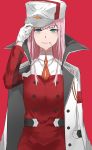  1girl bangs blue_eyes candy cape darling_in_the_franxx eyebrows_visible_through_hair food gloves grey_hat highres kaz_(kaazzz0416) lollipop looking_at_viewer pink_hair red_background simple_background smile solo uniform upper_body white_cape white_gloves zero_two_(darling_in_the_franxx) 