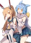  2girls animal_ears ayanami_(azur_lane) azur_lane bandaid_on_arm bell bird blue_hair blue_sailor_collar blue_skirt chick crop_top detached_sleeves eyebrows_visible_through_hair fox_ears fubuki_(azur_lane) hair_bell hair_between_eyes hair_ornament headgear high_ponytail highres light_brown_hair multiple_girls open_mouth orange_eyes pleated_skirt ponytail sailor_collar scarf shaved_ice shirt short_hair simple_background skirt sleeveless sleeveless_shirt thigh-highs twitter_username white_background white_belt white_legwear white_scarf white_shirt yellow_eyes yellow_neckwear yu_ni_t 