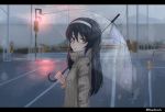  1girl black_hair brown_eyes brown_sweater casual closed_mouth commentary from_side girls_und_panzer highres holding holding_umbrella letterboxed light_frown long_hair long_sleeves looking_at_viewer outdoors rain reizei_mako ribbed_sweater solo standing sweater tacch traffic_light transparent_umbrella twitter umbrella upper_body 