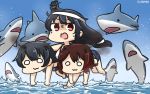  3girls :3 agano_(kantai_collection) animal barefoot black_hair brown_hair commentary dated fish hair_between_eyes hair_ornament hamu_koutarou highres kantai_collection long_hair multiple_girls mutsuki_(kantai_collection) o_o ocean open_mouth red_eyes shaded_face shark short_hair yamashiro_(kantai_collection) 