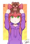 1girl animal_ears annie_hastur blush cat_ears fake_animal_ears gradient gradient_background green_eyes hood hoodie league_of_legends long_sleeves orange_background parted_lips redhead short_hair stuffed_animal stuffed_toy teddy_bear tibbers tosyeo upper_body white_background yellow_background 
