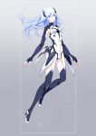 1girl beatless black_legwear blue_hair bodysuit breasts chamooi cleavage cleavage_cutout fingerless_gloves floating_hair full_body gloves grey_background hair_between_eyes highres leicia long_hair nail_polish parted_lips small_breasts solo thigh-highs very_long_hair 
