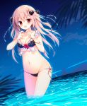  1girl :d bangs bare_arms bare_shoulders bikini black_bikini black_bow blurry blurry_foreground blush bow breasts cleavage collarbone commentary_request depth_of_field eyebrows_visible_through_hair fang fingernails groin hair_between_eyes hair_bow hair_ribbon hands_up heart heart_hands highres horizon izumiyuhina jewelry lighthouse long_hair looking_at_viewer medium_breasts nail_polish navel night night_sky ocean open_mouth original outdoors pink_hair polka_dot polka_dot_bikini red_eyes red_nails ribbon ring side-tie_bikini sky smile solo star_(sky) starry_sky swimsuit very_long_hair wading water white_ribbon 