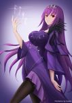  1girl absurdres artist_name black_legwear breasts commentary_request dress fate/grand_order fate_(series) highres large_breasts long_hair looking_at_viewer oshino_jk pantyhose purple_dress purple_hair red_eyes runes scathach_skadi_(fate/grand_order) solo tiara 