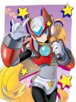  1boy androgynous android blonde_hair blue_eyes capcom covered_navel cowboy_shot gloves hand_gesture head_tilt helmet highres horns_pose long_hair male_focus one_eye_closed robot rockman rockman_x simple_background solo star sumomo very_long_hair white_gloves zero_(rockman) 