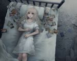  1girl bangs bed bed_sheet blonde_hair blue_eyes blunt_bangs cat commentary_request dreaming dress empty_eyes lying on_back original parted_lips photo_(object) pillow puffy_short_sleeves puffy_sleeves ruins short_sleeves solo white_dress yajirushi_(chanoma) 