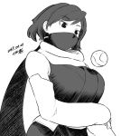  1girl bangs copyright_request dated eyebrows_visible_through_hair greyscale long_hair long_sleeves mask monochrome ninja ponytail signature simple_background solo tsukudani_(coke-buta) upper_body white_background 