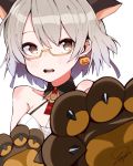  1girl animal_ears blush brown_eyes commentary detached_collar earrings face fang girls_frontline glasses gloves jack-o&#039;-lantern jack-o&#039;-lantern_earrings jewelry light_brown_hair looking_at_viewer open_mouth paw_gloves paws semi-rimless_eyewear short_hair signature simple_background solo tosyeo under-rim_eyewear vector_(girls_frontline) white_background wolf_ears yellow-framed_eyewear 