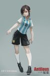  1girl 2018_fifa_world_cup adidas antilous argentina bangs black_shorts brown_hair full_body grey_background grey_eyes numbers&#039;_uniform open_mouth original shirt shoes short_hair short_sleeves shorts simple_background smile sneakers soccer soccer_uniform solo sportswear white_legwear world_cup 
