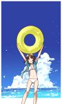  1girl alternate_costume amagami arms_up bikini black_hair blue_sky breasts clouds commentary_request contrapposto cowboy_shot grin guriko_(mossari) hawaiian_shirt highres holding holding_innertube innertube legs long_hair messy_hair navel ocean one_eye_closed open_clothes open_shirt ribbon shirt sky small_breasts smile solo swimsuit swimsuit_under_clothes tanamachi_kaoru white_bikini 