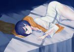  1girl bangs bed blue_hair breasts cleavage darling_in_the_franxx dress green_eyes hair_ornament hairclip highres ichigo_(darling_in_the_franxx) indoors looking_at_viewer lying night on_side parted_bangs parted_lips pillow see-through shadow short_hair small_breasts solo white_dress yakko_(pixiv10223886) 