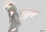  1girl anchovy angel_wings bangs black_ribbon casual closed_mouth commentary drill_hair feathered_wings feathers from_side girls_und_panzer glowing green_hair grey_background grey_coat hair_ribbon halo hands_in_pockets head_tilt highres long_hair long_sleeves looking_at_viewer red_eyes ribbon simple_background smile solo standing tacch twin_drills twintails twitter_username upper_body white_wings wings 