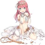  1girl :o blue_eyes blush breasts broken_staff cleavage detached_sleeves dress full_body isegawa_yasutaka large_breasts long_hair midriff official_art open_mouth oshiro_project oshiro_project_re pink_hair prague_(oshiro_project) staff tiara torn_clothes torn_dress transparent_background 