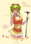  1girl apron bangs bare_arms bare_shoulders breasts character_name cleavage cowboy_shot cursive detached_collar donggua_bing_cha dress eyebrows_visible_through_hair goggles goggles_on_head green_eyes green_hair gumi hair_between_eyes happy_birthday highres legs_together long_hair medium_breasts microphone microphone_stand petals short_dress smile solo vocaloid waist_apron yellow_dress 