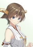  1girl bare_shoulders blue_eyes brown_hair clenched_hand commentary_request detached_sleeves eyebrows_visible_through_hair hiei_(kantai_collection) highres japanese_clothes kantai_collection looking_at_viewer negahami nontraditional_miko ribbon-trimmed_sleeves ribbon_trim sarashi short_hair solo 
