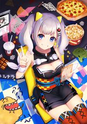  1girl bangs bare_shoulders black_dress blue_eyes blush breasts chair checkered checkered_floor chocolate_bar cleavage cleavage_cutout collarbone commentary_request cup disposable_cup dress drinking_straw eyebrows_visible_through_hair fingernails food from_above grin hair_ornament hairclip hand_up head_tilt highres holographic_interface kaguya_luna kaguya_luna_(character) long_hair looking_at_viewer looking_up medium_breasts omelet_tomato pizza popsicle red_legwear silver_hair sitting sleeveless sleeveless_dress smile solo star thigh-highs twintails v virtual_youtuber 