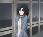  1girl amagami black_hair cityscape closed_mouth commentary_request grey_eyes grey_sky hallway head_tilt highres indoors jacket light_smile long_hair looking_at_viewer messy_hair night open_clothes open_jacket ribbon_bangs scarf skyline smile solo tanamachi_kaoru touru_(thickbaumkuchen) v_arms window 