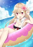  1girl :d bare_shoulders bikini_top blonde_hair breasts cleavage flower hair_flaps hair_flower hair_ornament hairclip hibiscus highres kantai_collection long_hair looking_at_viewer medium_breasts noeru_(gt17854) ocean open_mouth red_eyes remodel_(kantai_collection) scarf smile solo v white_scarf yuudachi_(kantai_collection) 