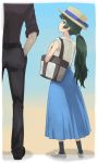  1boy 1girl bag belt black_pants black_shirt blouse blue_skirt from_behind green_eyes green_hair hand_in_pocket handbag hat hat_ribbon highres hiyajou_maho long_hair looking_at_viewer looking_back menomorute okabe_rintarou out_of_frame pants ponytail ribbon shirt shoes skirt sleeveless sneakers socks standing steins;gate steins;gate_0 thick_eyebrows 