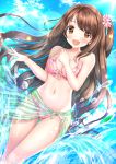  1girl :d bangs bikini blue_sky blush breasts brown_eyes brown_hair cleavage clouds commentary_request day dutch_angle eyebrows_visible_through_hair fisheye floral_print flower frilled_bikini frills gluteal_fold groin hair_flower hair_ornament hand_on_own_chest highres idolmaster idolmaster_cinderella_girls keyspace lens_flare long_hair looking_at_viewer medium_breasts navel one_side_up open_mouth outdoors pink_bikini sarong see-through shimamura_uzuki sky smile solo sunlight swimsuit tareme wading water water_drop 