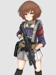  1girl akiyama_yukari armband assault_rifle backpack bag bangs belt black_footwear blue_jacket boots brown_eyes brown_hair closed_mouth commentary cowboy_shot fingerless_gloves flashlight girls_und_panzer gloves green_shirt grey_background gun half-closed_eyes highres holding holding_gun holding_weapon jacket knee_boots light_frown long_sleeves looking_at_viewer messy_hair military military_uniform miniskirt ooarai_military_uniform pleated_skirt rifle shirt short_hair simple_background skirt sleeves_rolled_up smoke_grenade solo standing tacch tactical_clothes trigger_discipline uniform utility_belt weapon weapon_request white_gloves white_skirt 
