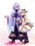  1boy 1girl :d ahoge artoria_pendragon_(all) black_bow blonde_hair blue_eyes boots bow capelet cloak dress fate/grand_order fate/unlimited_codes fate_(series) flower gloves hair_bow hair_ornament half-closed_eyes high_heels highres idk-kun long_hair looking_at_another looking_down merlin_(fate) open_mouth pantyhose ponytail puffy_pants purple_hair saber_lily short_hair smile standing very_long_hair violet_eyes walking white_gloves yellow_dress 