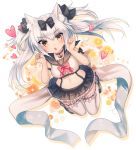  1girl :o animal_ears arm_ribbon azur_lane bangs black_bow black_sailor_collar black_skirt blush bow bowtie breasts cat_ears crop_top eyebrows_visible_through_hair frilled_skirt frills full_body hair_between_eyes hair_bow hakusai_ponzu heart long_hair medium_breasts miniskirt navel open_mouth orange_eyes pink_bow pink_neckwear pleated_skirt ribbon ribbon-trimmed_legwear ribbon_trim sailor_collar school_uniform serafuku shirt silhouette skirt solo thigh-highs twintails v-shaped_eyebrows white_hair white_legwear white_shirt yukikaze_(azur_lane) zettai_ryouiki 