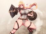  1girl ahoge akina_t armor belt blonde_hair blush breasts bruise highres injury large_breasts long_hair original red_eyes revealing_clothes shield sword torn_clothes weapon 