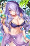  1girl artist_name bikini blue_sky breasts camilla_(fire_emblem_if) cleavage closed_mouth clouds cup day drinking_glass felielle fire_emblem fire_emblem_heroes fire_emblem_if flower hair_flower hair_ornament hair_over_one_eye holding holding_drinking_glass large_breasts long_hair nail_polish purple_hair sarong see-through sky solo standing swimsuit violet_eyes water 