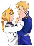  2boys :d alphonse_elric alternate_costume amestris_military_uniform antenna_hair blonde_hair brothers cowboy_shot crying crying_with_eyes_open edward_elric eye_contact eyelashes frown fullmetal_alchemist hands_on_another&#039;s_face height_difference highres long_sleeves looking_at_another male_focus military military_uniform multiple_boys open_mouth ponytail profile sad shirt short_hair siblings simple_background smile standing tears uniform upper_body white_background white_shirt yellow_eyes 