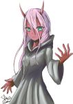  1girl absurdres dark_skin darling_in_the_franxx dress eyebrows_visible_through_hair floating_hair green_eyes grey_dress hair_between_eyes highres hooded_dress horns ichikawayan long_hair open_mouth pink_hair signature simple_background solo spoilers very_long_hair white_background zero_two_(darling_in_the_franxx) 