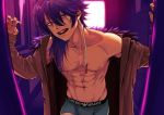  1boy abs arisugawa_dice bare_chest boxer_briefs cigarette coat cowboy_shot doorway eizi emporio_armani grey_briefs holding holding_cigarette hypnosis_mic looking_at_viewer male_focus male_underwear nipples open_mouth pov smile solo toned toned_male underwear underwear_only 