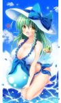  1girl :d ball beachball blonde_hair blue_bow blue_sky bow breasts cleavage clouds collarbone commentary_request day eyebrows_visible_through_hair eyes_visible_through_hair full_body green_hair hair_between_eyes hair_ornament hat hat_bow heart highres kochiya_sanae large_breasts long_hair looking_at_viewer open_mouth osashin_(osada) outdoors sky smile snake_hair_ornament solo sun_hat touhou white_hat 