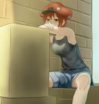  1girl ae-3803 ahoge armpits belt beret black_tank_top box breasts denim denim_shorts gloves hat hataraku_saibou highres medium_breasts mumumuka name_tag redhead short_hair shorts sitting sleeveless solo sweat tank_top white_gloves yellow_eyes 