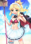  1girl :d apron bare_shoulders beach bikini black_bow black_neckwear black_skirt blonde_hair blue_sky blush bow bowtie bracelet braid breasts cleavage clouds cowboy_shot eyebrows_visible_through_hair eyes_visible_through_hair fang fate/grand_order fate_(series) fingernails french_braid frilled_apron frilled_skirt frills front-tie_bikini front-tie_top green_eyes groin hair_intakes hair_ornament hair_scrunchie highres holding_mop ifelt_(tamaki_zutama) jewelry legs_apart long_hair looking_at_viewer maid_apron maid_headdress medium_breasts midriff mop mordred_(fate)_(all) mordred_(swimsuit_rider)_(fate) navel nose_blush ocean open_mouth outdoors over_shoulder red_bikini red_scrunchie scrunchie skirt sky smile solo sparkle swimsuit teeth thigh_strap waist_apron white_apron 