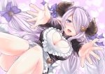  apron black_sweater blue_eyes blush bow braid breasts cleavage commentary_request draph dutch_angle granblue_fantasy hair_bow hair_ornament hair_over_one_eye heart heart_cutout heart_hair_ornament horn_ribbon horns incoming_hug large_breasts lavender_hair long_hair low-tied_long_hair meme_attire narmaya_(granblue_fantasy) open-chest_sweater outstretched_arms pointy_ears ribbon shinjitsu_(true_ride) sparkle sparkling_eyes sweater very_long_hair waist_apron 