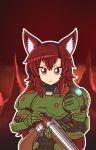  1girl absurdres blush closed_mouth cosplay doom_(game) doomguy doomguy_(cosplay) eyebrows_visible_through_hair gun highres holding holding_gun holding_weapon imaizumi_kagerou long_hair looking_at_viewer majormilk red_eyes redhead shotgun shotgun_shells smile solo touhou upper_body weapon wool_(miwol)_(style) 