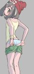  1girl ass bangs blouse blush chorimokki facing_away green_shorts light_blush looking_at_viewer mizuki_(pokemon) open_mouth panties pantyshot pokemon pokemon_(game) pokemon_sm shorts simple_background solo underwear 