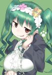  1girl :3 breasts brown_eyes character_request copyright_request crown eyebrows_visible_through_hair green_background green_hair headdress highres large_breasts long_hair long_sleeves looking_at_viewer monosenbei parted_lips simple_background smile solo twintails upper_body 