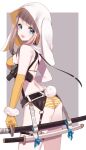  1girl :d animal_ears ass bangs bare_arms bare_shoulders bikini blue_eyes blush breasts brown_hair bunny_girl bunny_tail commentary_request cowboy_shot elbow_gloves eyebrows_visible_through_hair fang from_behind gloves grey_background gun head_tilt highres holster hood hood_up horizontal_stripes katana looking_at_viewer looking_back looking_to_the_side medium_breasts misumi_(macaroni) open_mouth orange_bikini_top orange_gloves original rabbit_ears sheath sheathed sideboob sidelocks single_elbow_glove single_glove smile solo strap_gap striped striped_bikini_bottom swimsuit sword tail two-tone_background weapon white_background white_hood 