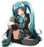  1girl :d aqua_hair boots collared_shirt grey_footwear grey_jacket hatsune_miku heterochromia jacket knee_up long_hair long_sleeves looking_at_viewer on_ground open_mouth panties pantyshot pleated_skirt red_eyes shirt simple_background sitting skirt smile solo thigh-highs thigh_boots tsukishiro_saika twintails underwear upskirt vocaloid white_background white_shirt yellow_eyes 
