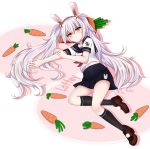  1girl animal_ears azur_lane bangs black_legwear black_sailor_collar black_skirt blush brown_footwear carrot carrot_pillow character_name closed_mouth commentary hair_between_eyes hair_ornament hairband kneehighs laffey_(azur_lane) loafers long_hair looking_at_viewer lying neckerchief on_side paaam pillow pleated_skirt rabbit_ears red_eyes red_hairband red_neckwear sailor_collar school_uniform serafuku shirt shoes short_sleeves silver_hair skirt solo twintails very_long_hair white_shirt 