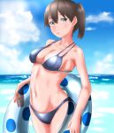  1girl bikini black_hair blue_eyes blue_swimsuit blush breasts clouds cloudy_sky hair_between_eyes highres innertube kaga_(kantai_collection) kantai_collection lifebuoy long_hair looking_at_viewer medium_breasts navel ocean open_mouth ponytail sky solo swimsuit tama_(seiga46239239) underwear undressing 